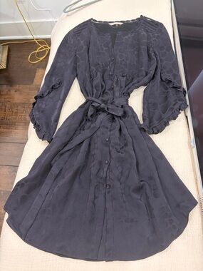 Rebecca Taylor Silk Charcoal Grey Ruffle-Sleeve Button-Front Tie-Waist Dress